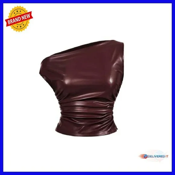 Off Shoulder PU Leather Tank Top Slim Fit Crop Y2K Clubwear - Picture 2 of 6